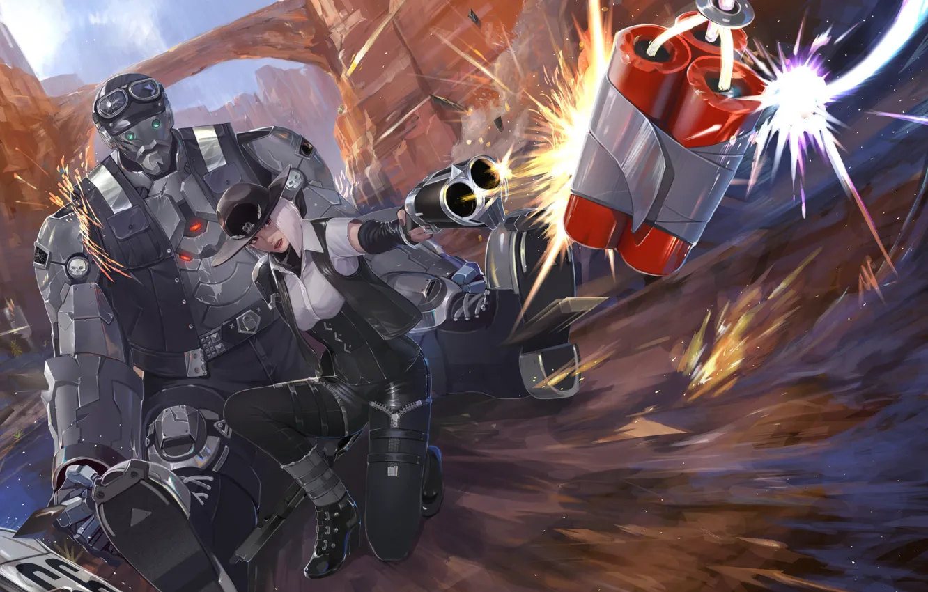 Photo wallpaper girl, gun, robot, dynamite, Ashe, Overwatch, B.O.B.