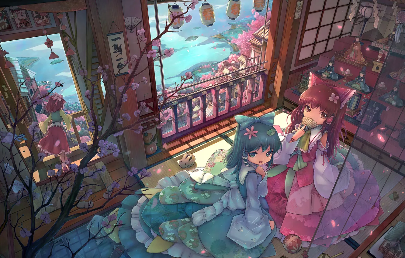 Photo wallpaper flowers, house, room, girls, Sakura, fan, lights, balcony