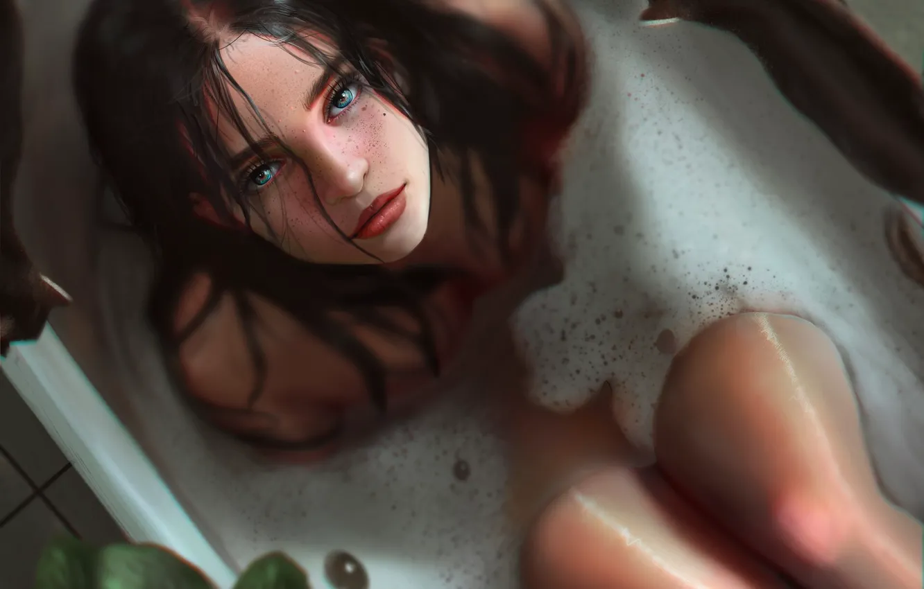 Photo wallpaper freckles, blue eyes, wet hair, knees, in the bath, looking up, portrait of a girl, …
