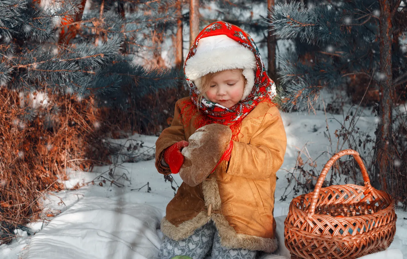 Photo wallpaper winter, forest, light, snow, branches, hat, tale, bread