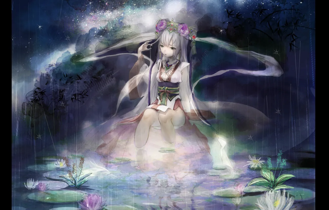 Photo wallpaper stars, night, pond, girl, kimono, the milky way, Lotus, wreath