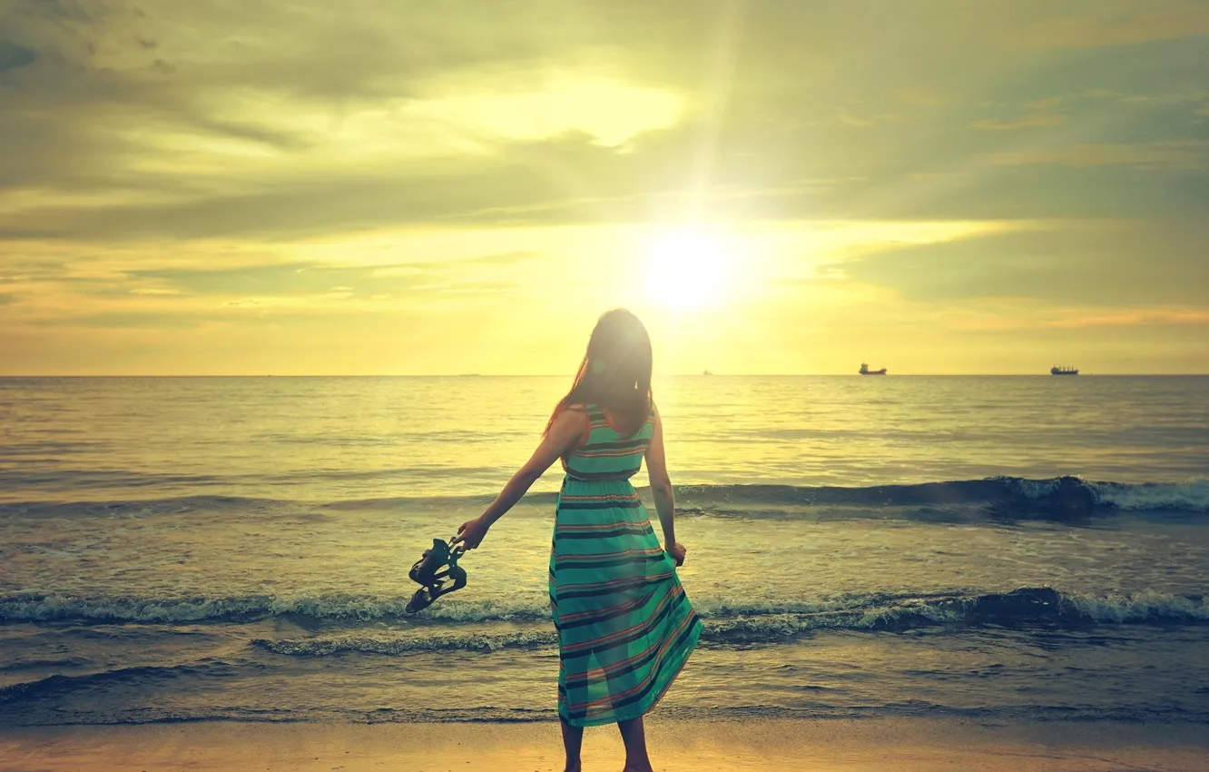 Photo wallpaper wave, beach, the sky, the sun, clouds, Girl, dress
