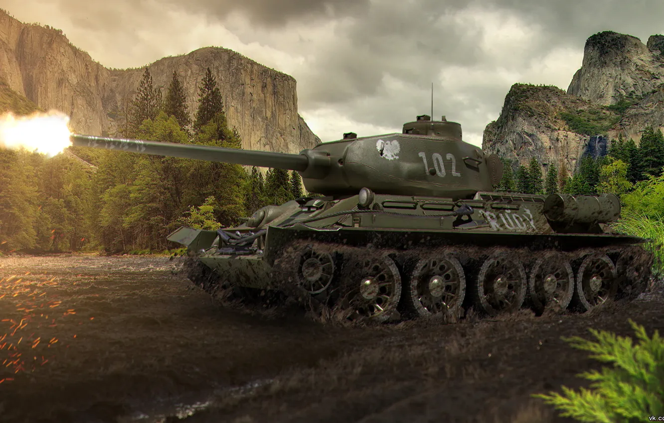 Photo wallpaper the game, tank, game, weapon, T-34, tank, Rudy, World of Tanks