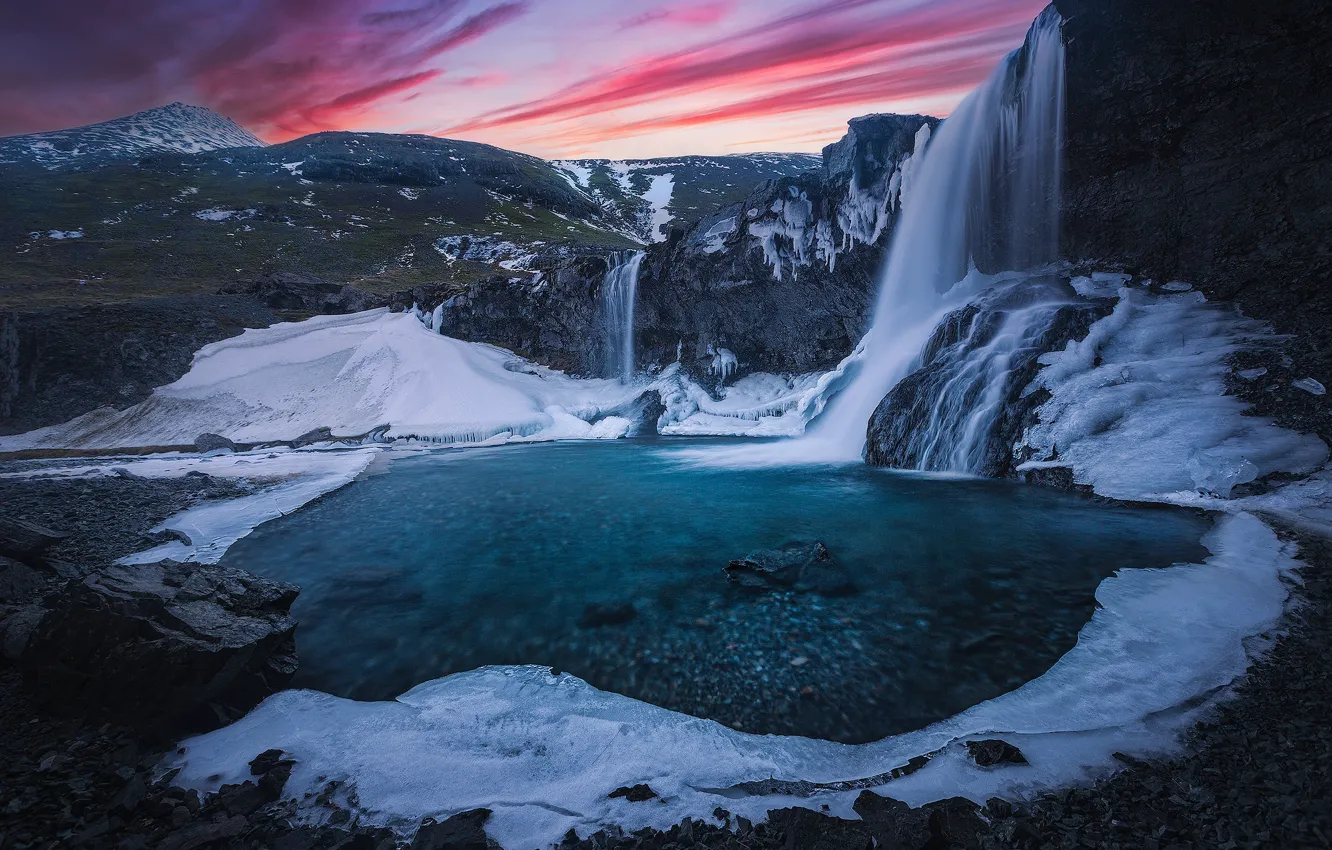 Photo wallpaper sunset, mountains, rock, river, waterfall, ice, Iceland, Iceland