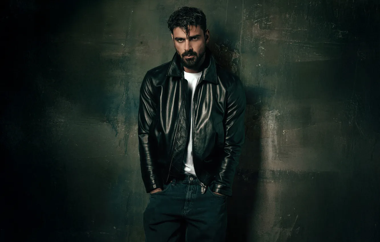 Photo wallpaper wall, portrait, jeans, actor, beard, kozhanka, Michele Morrone, Michele Morrone