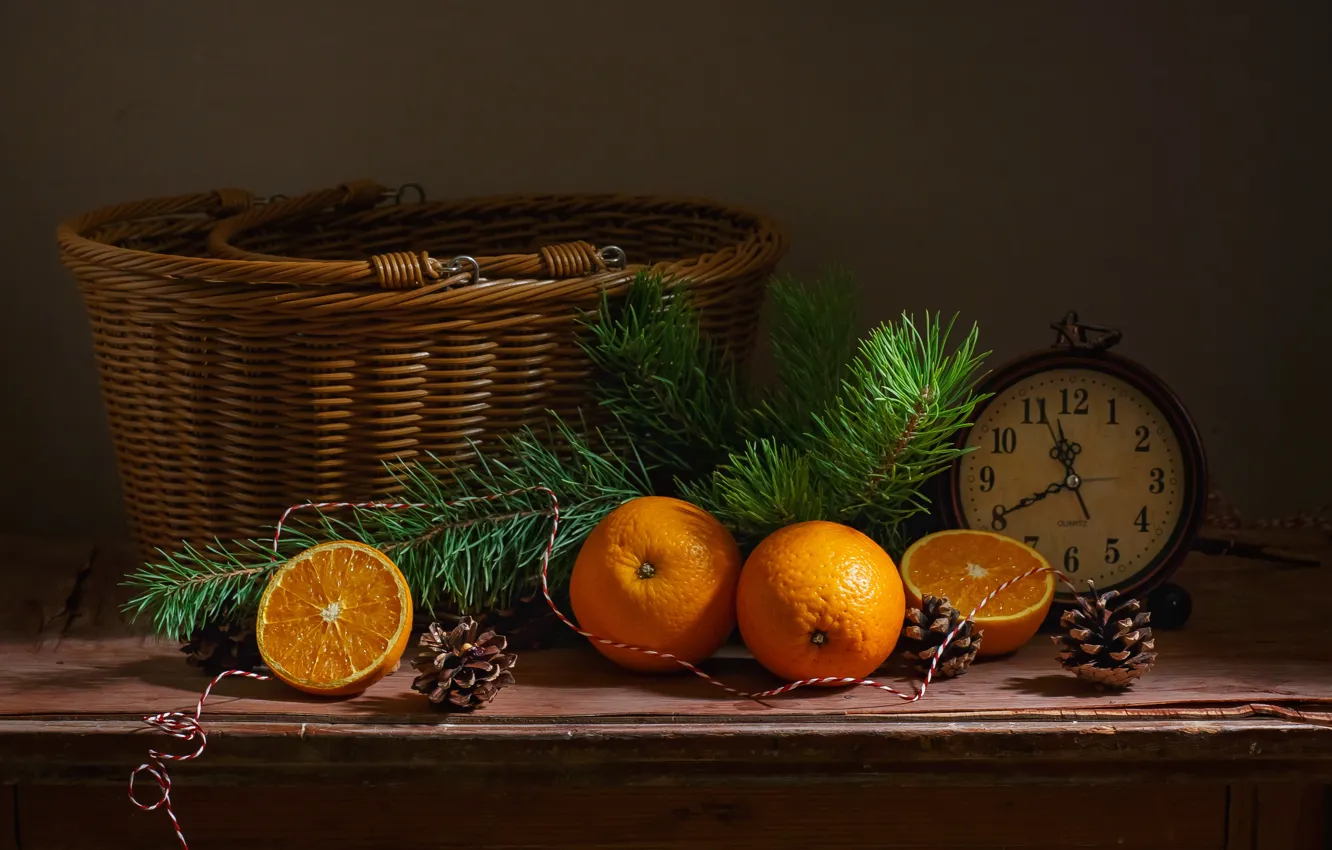Photo wallpaper branches, holiday, basket, watch, new year, orange, spruce, alarm clock