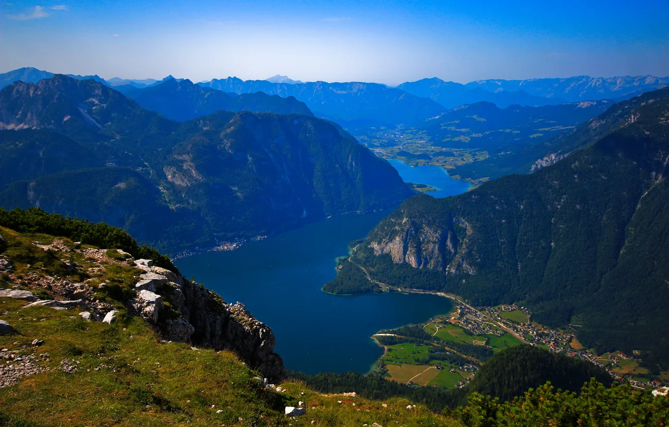 Photo wallpaper the sky, trees, mountains, lake, home, valley