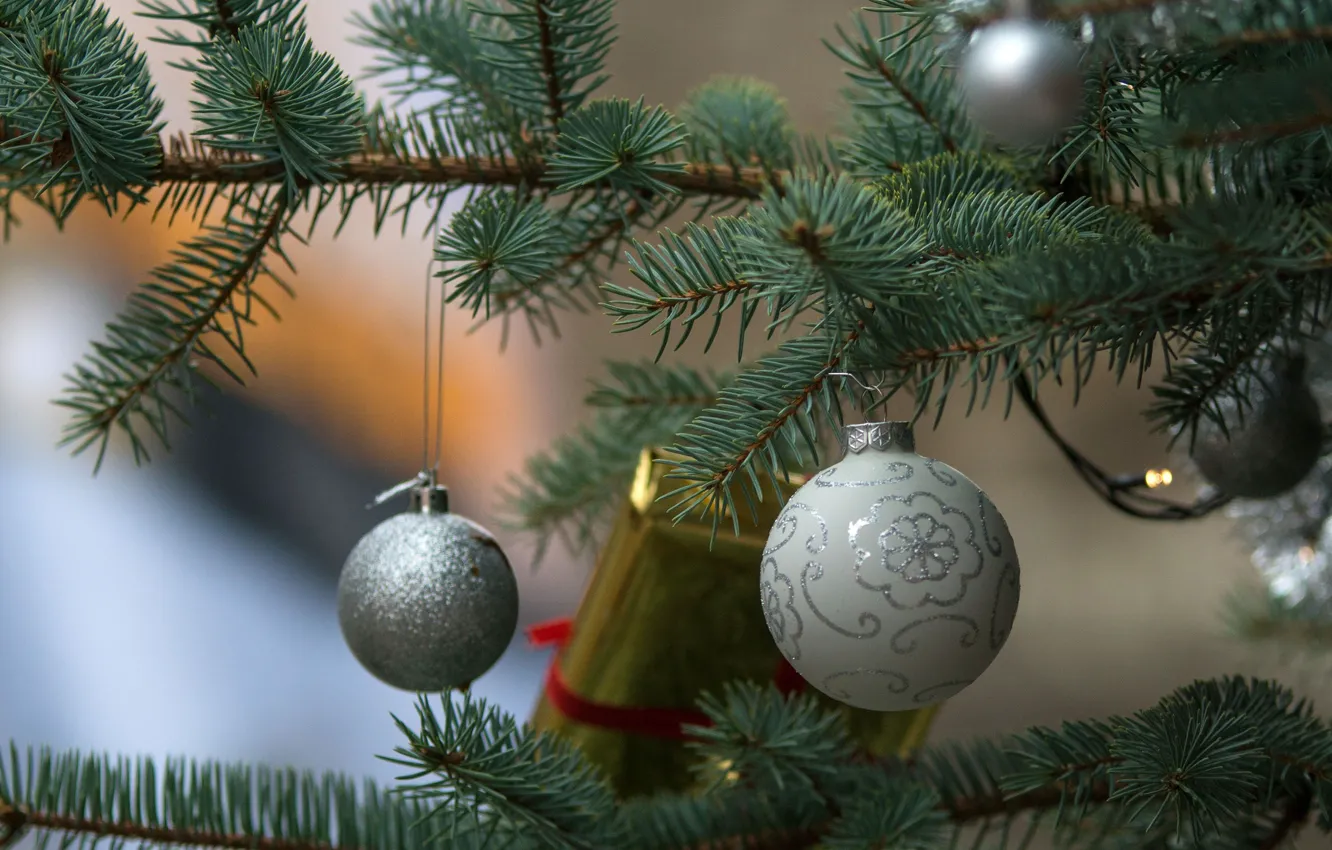 Photo wallpaper balls, branches, holiday, balls, toy, tree, new year, silver