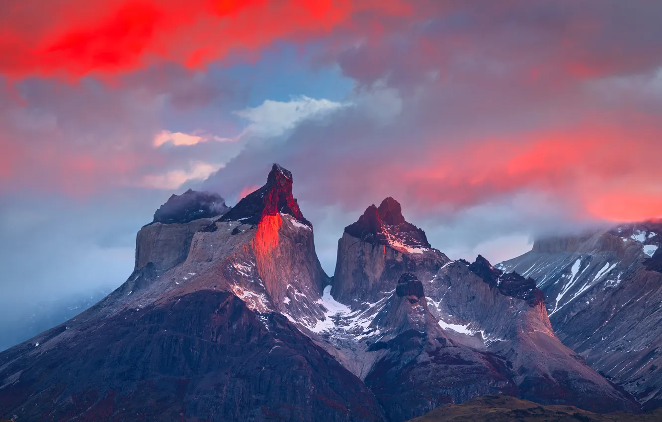 Photo wallpaper the sky, clouds, light, snow, sunset, mountains, red, tops