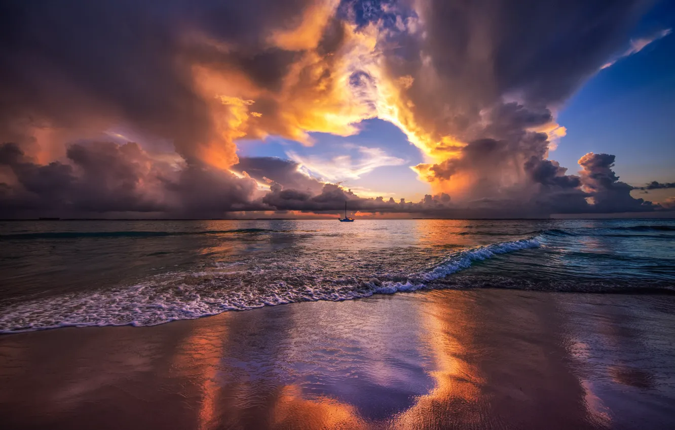 Photo wallpaper sand, sea, wave, beach, the sky, clouds, light, landscape