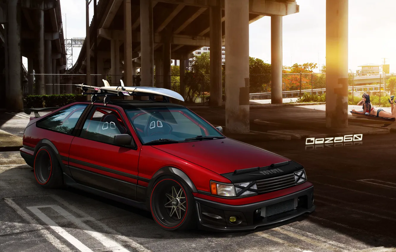 Photo wallpaper girl, bridge, Parking, Toyota Corolla AE86