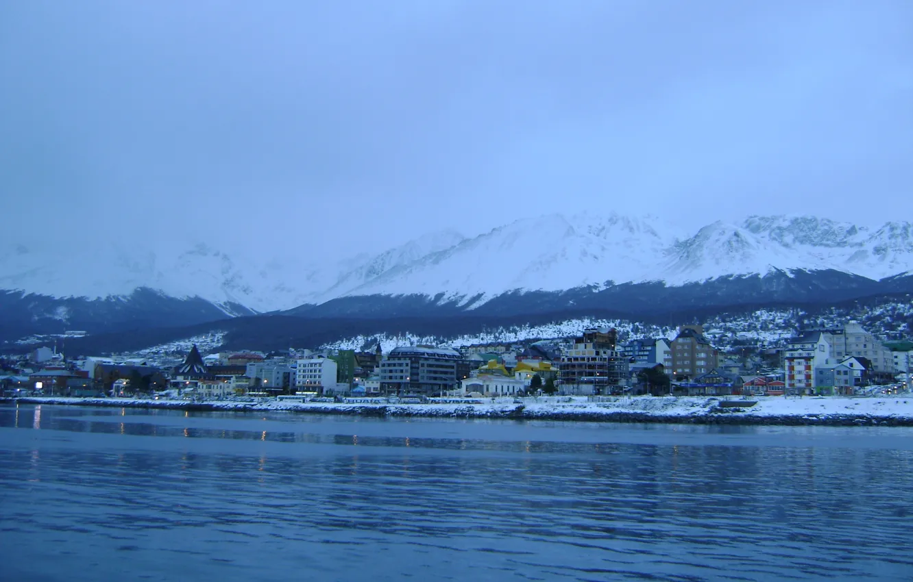 Photo wallpaper city, lights, sea, sunset, Argentina, snow, village, Patagonia