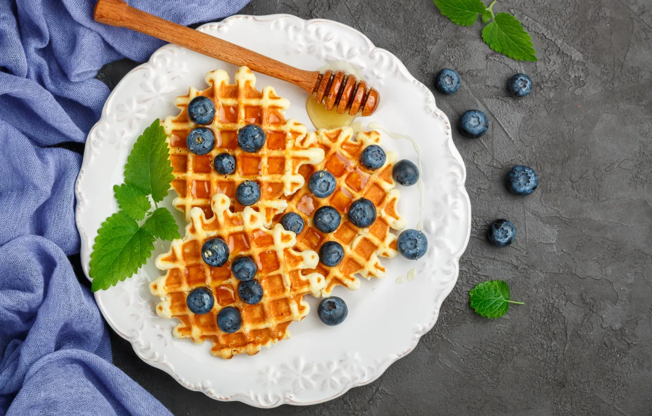 Photo wallpaper berries, blueberries, honey, plate, waffles