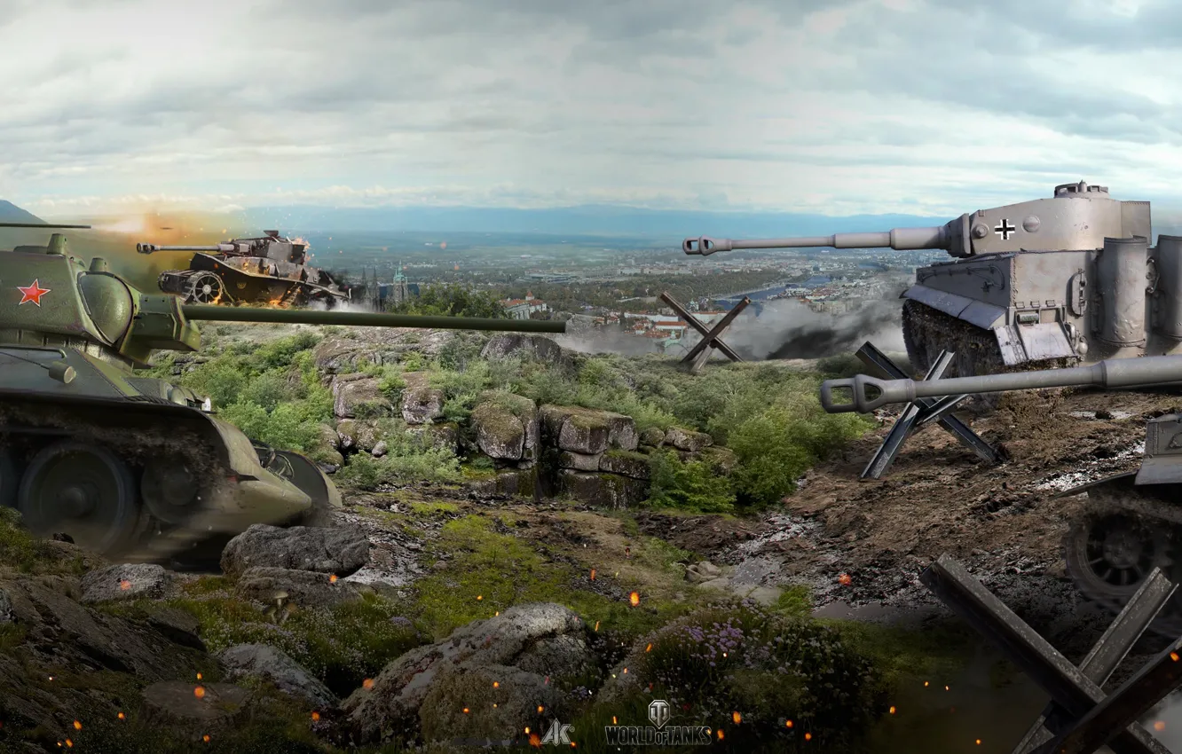 Photo wallpaper battle, panorama, the battle, tanks, T-34, World of Tanks, German, Soviet