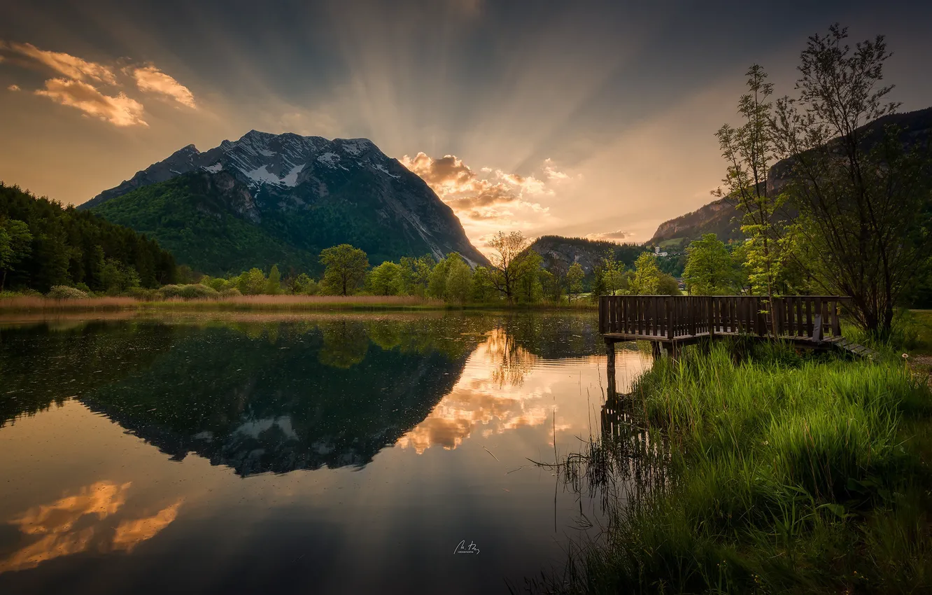 Photo wallpaper sunset, mountains, nature, lake, reflection