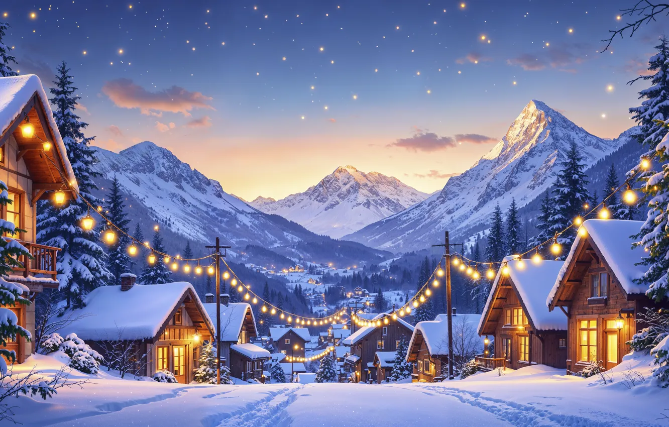 Photo wallpaper winter, snow, decoration, mountains, village, Christmas, New year, houses