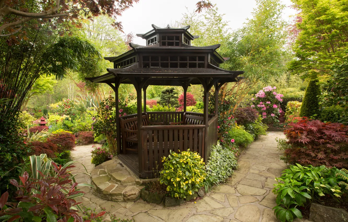Photo wallpaper trees, flowers, Park, England, garden, gazebo, the bushes, Walsall Garden