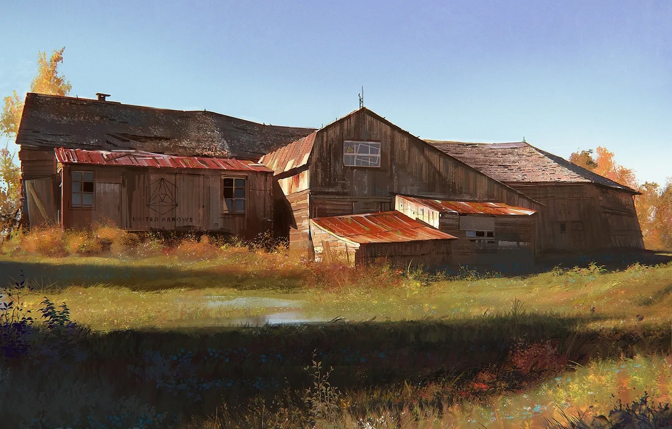 Photo wallpaper autumn, grass, home, the barn, art, the barn, buildings, Yohann Schepacz