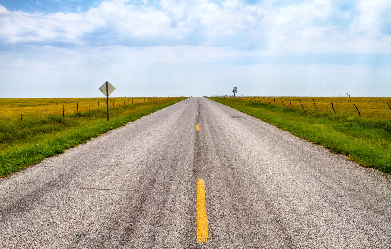 Photo wallpaper road, the sky, clouds, the fence, horizon