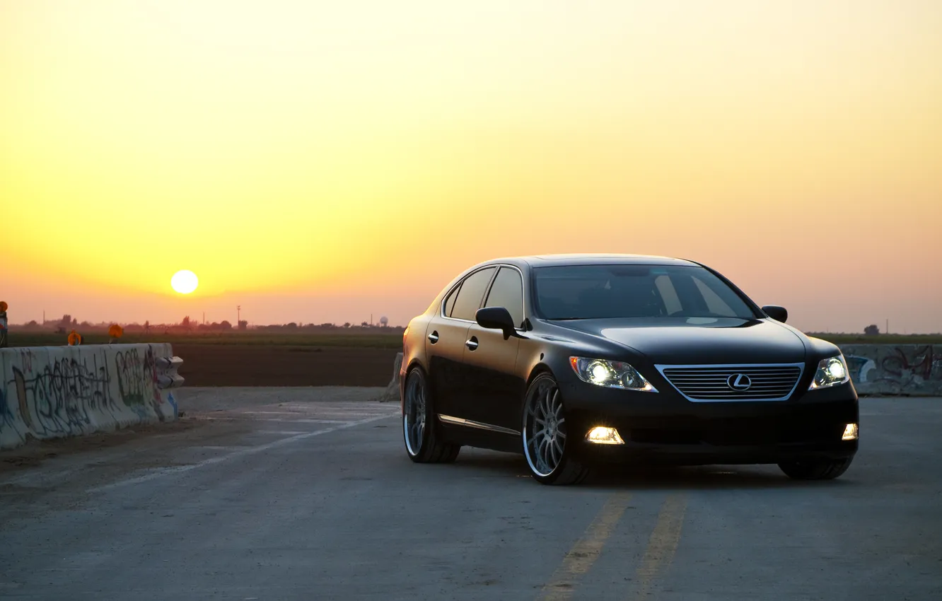 Photo wallpaper road, the sky, the sun, sunset, black, Lexus, black, Lexus