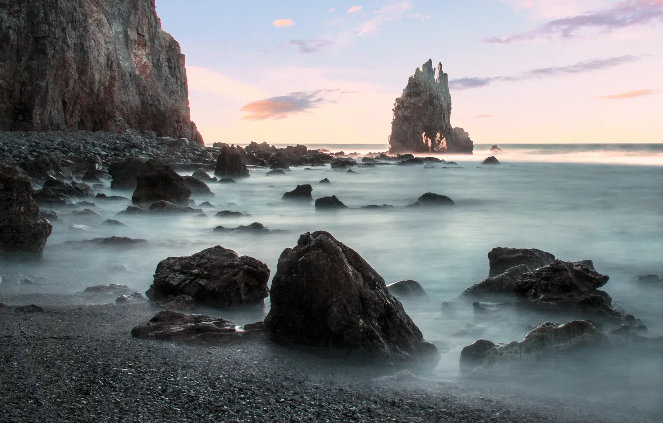 Photo wallpaper sea, rock, stones, dawn, shore