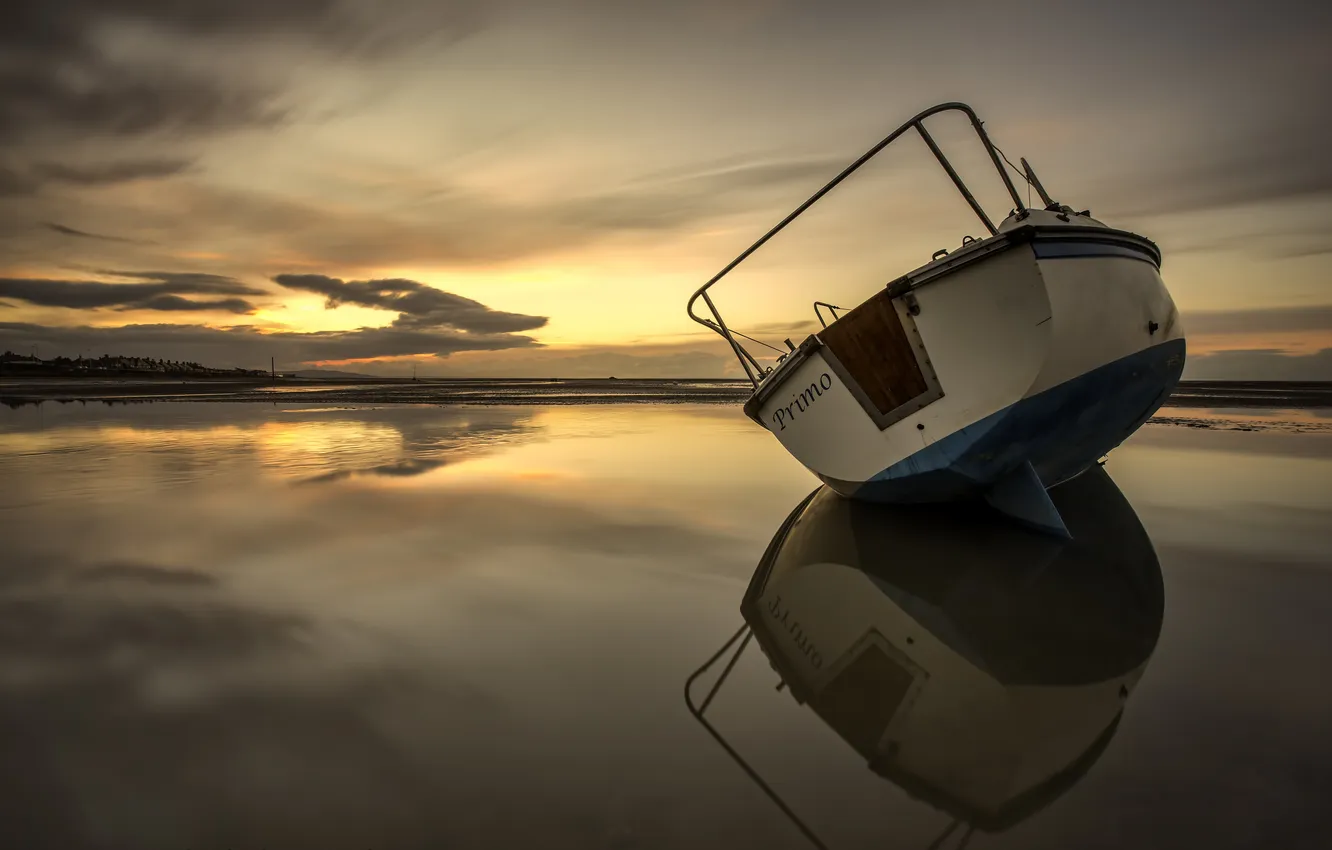 Photo wallpaper sunset, boat, stranded