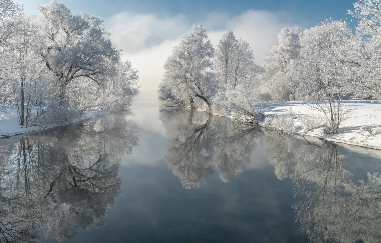 Photo wallpaper winter, frost, trees, reflection, river, Germany, Bayern, Germany