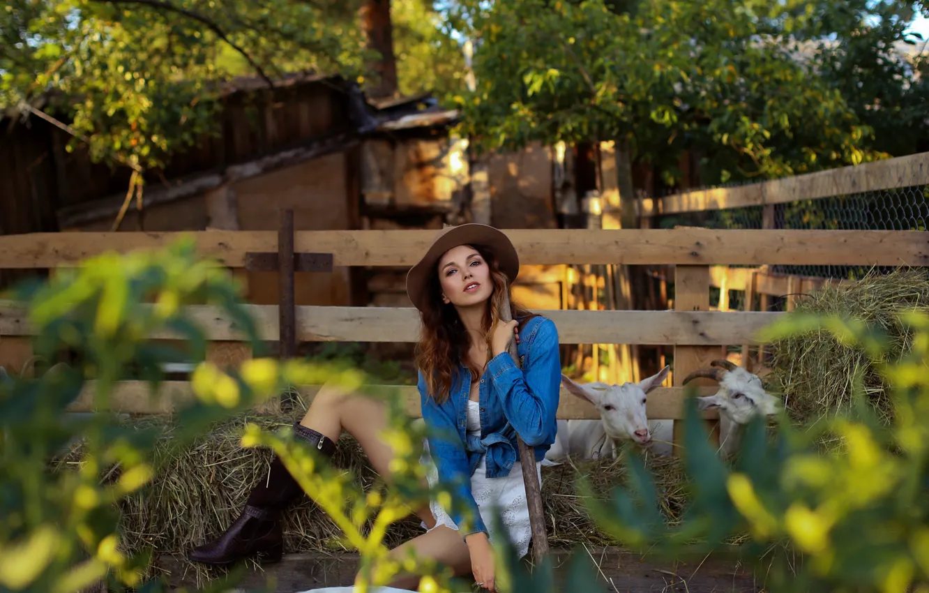 Photo wallpaper girl, legs, goat, the farm, Eugene Pyatnitskaya