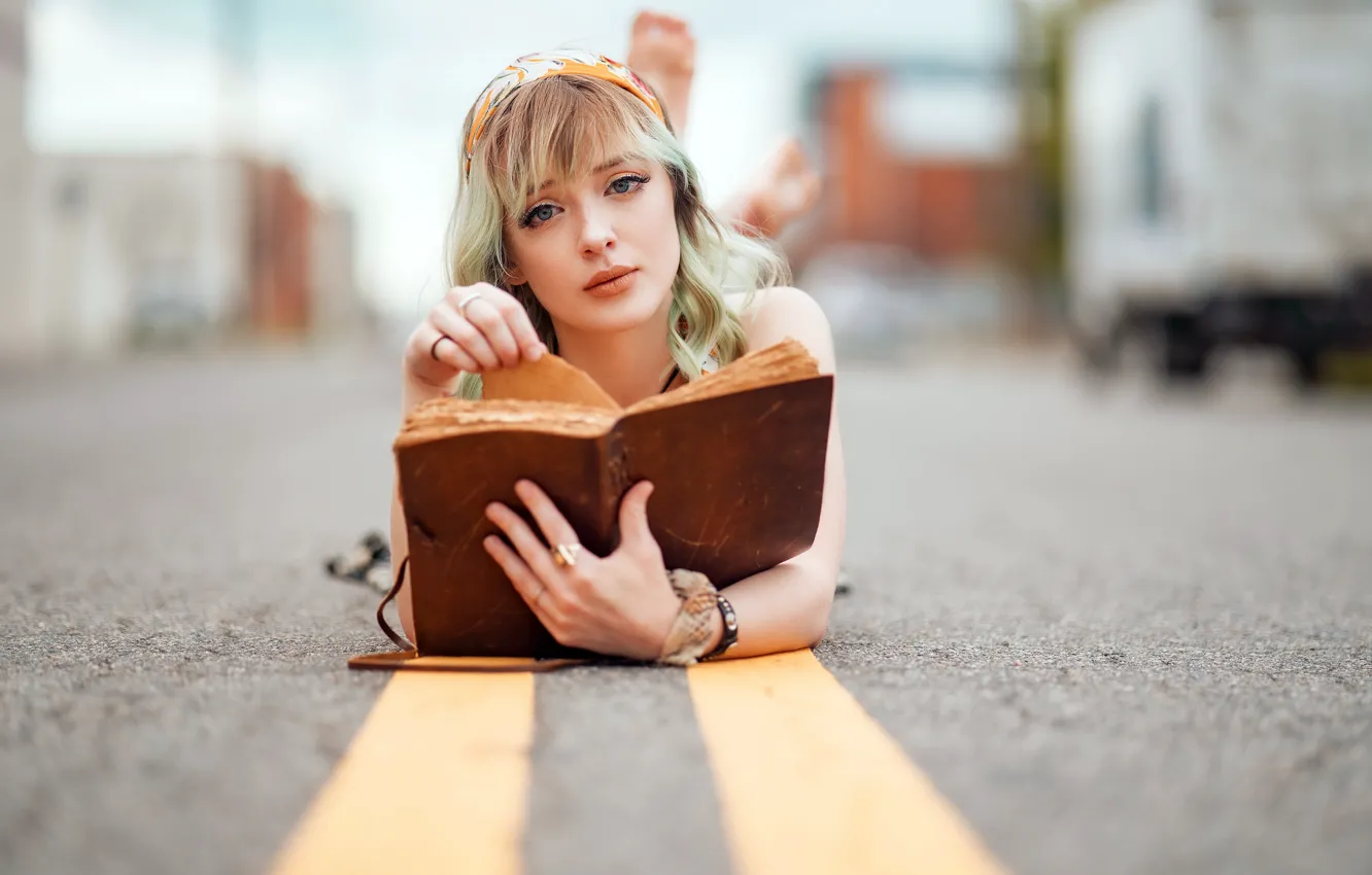 Photo wallpaper girl, street, book