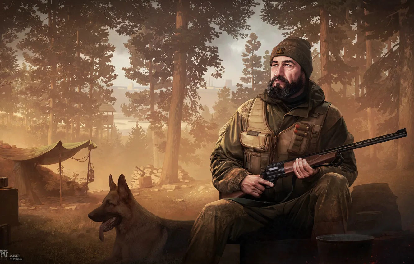 Photo wallpaper Dog, Forest, The gun, Art, Hunter, Huntsman, Escape from Tarkov, R.2028