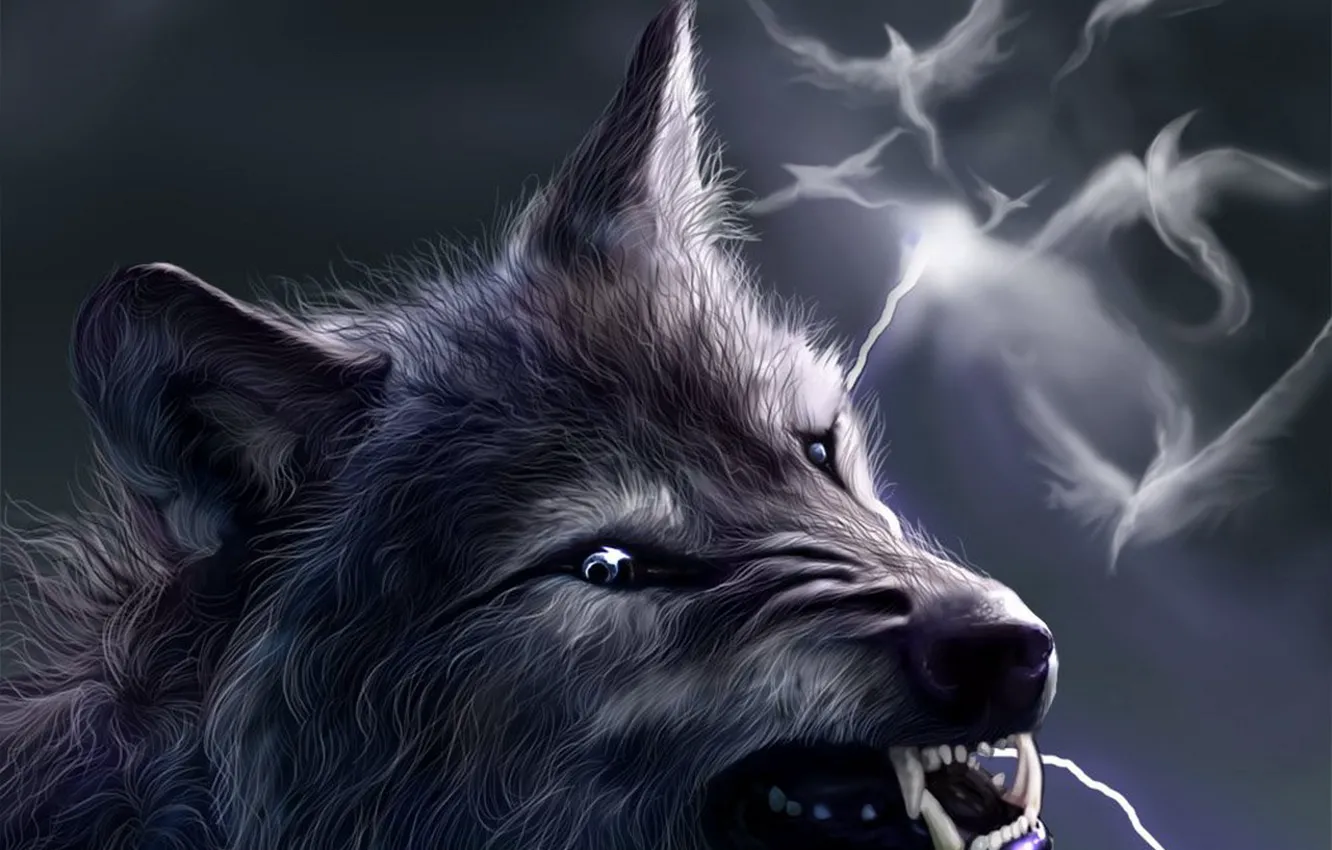 Photo wallpaper birds, fantasy, lightning, wolf, grin, werewolf