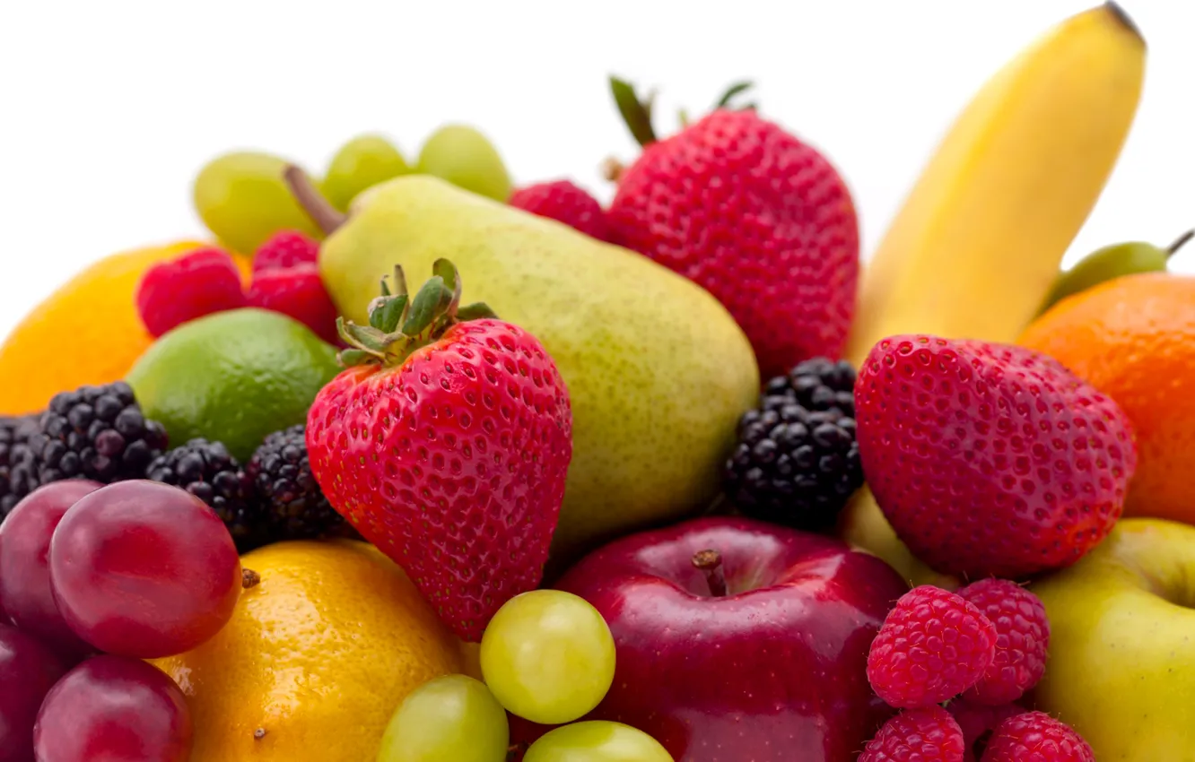 Photo wallpaper berries, raspberry, apples, strawberry, grapes, bananas, fruit, pear
