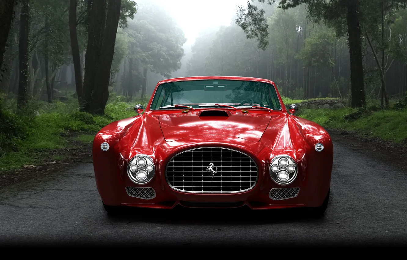 Photo wallpaper car, forest, red, retro, Ferrari, forest, road, trees