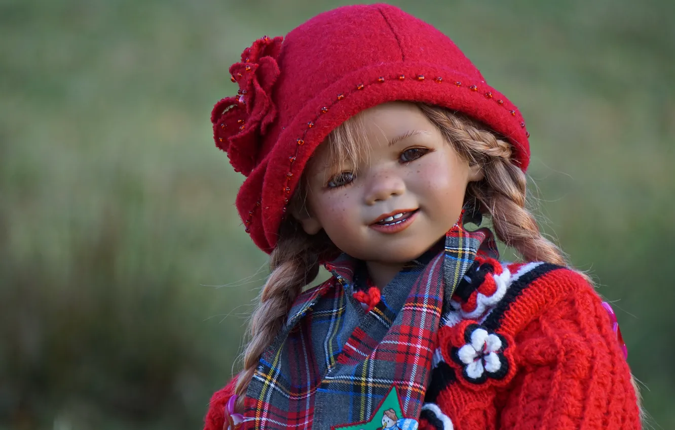 Photo wallpaper face, smile, background, clothing, toy, portrait, doll, girl