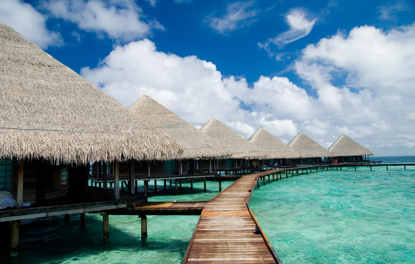 Photo wallpaper sea, beach, summer, the sky, palm trees, vacation, summer, hut