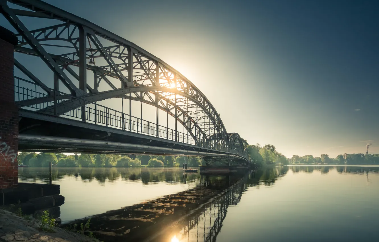 Photo wallpaper the sun, bridge, river