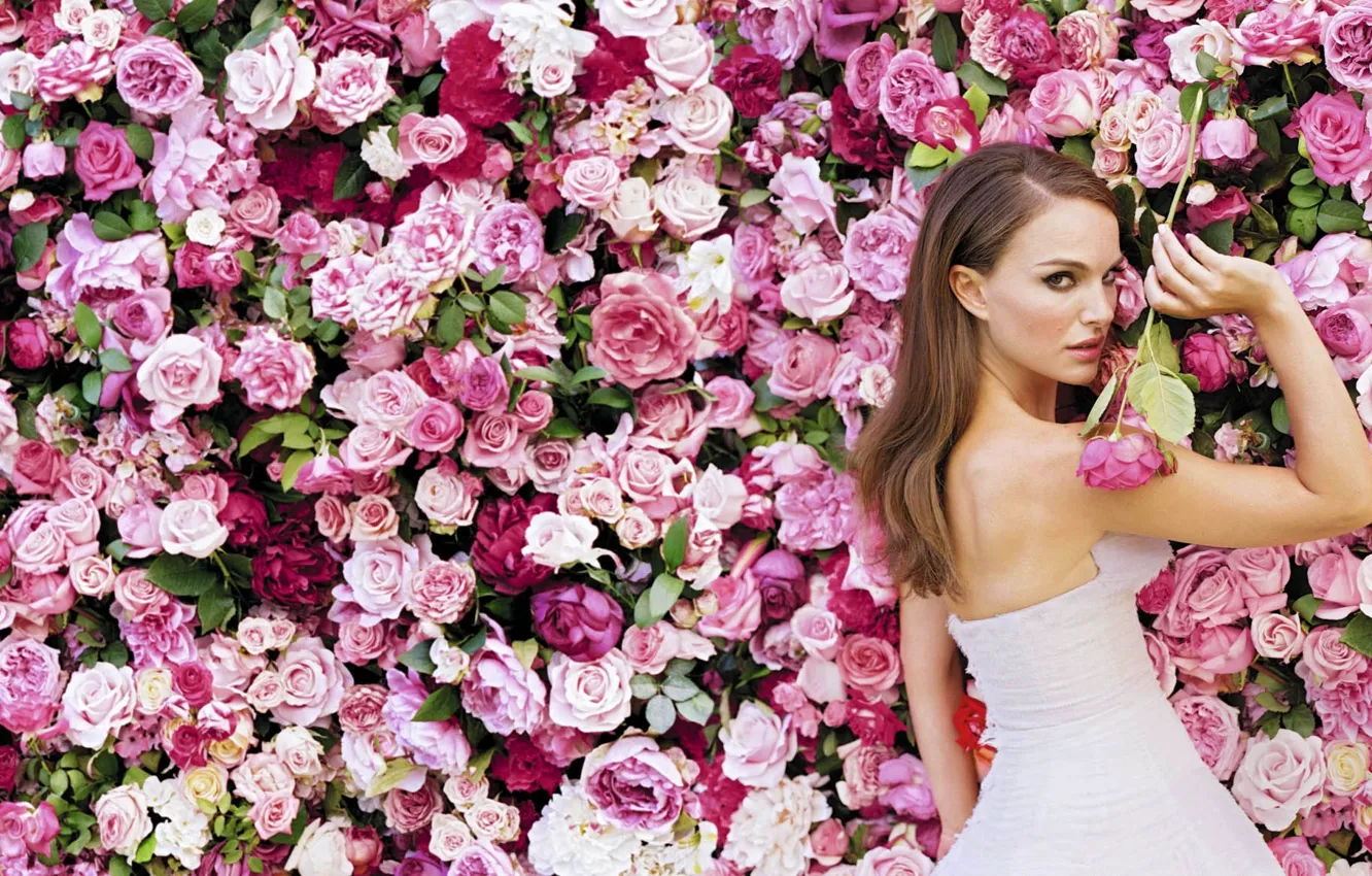 Photo wallpaper girl, flowers, white, roses, dress, actress, Natalie Portman, Natalie Portman