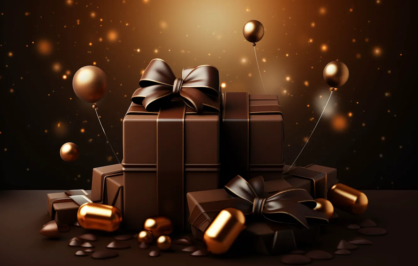 Photo wallpaper balls, the dark background, gift, new year, chocolate, Christmas, gold, gold plated