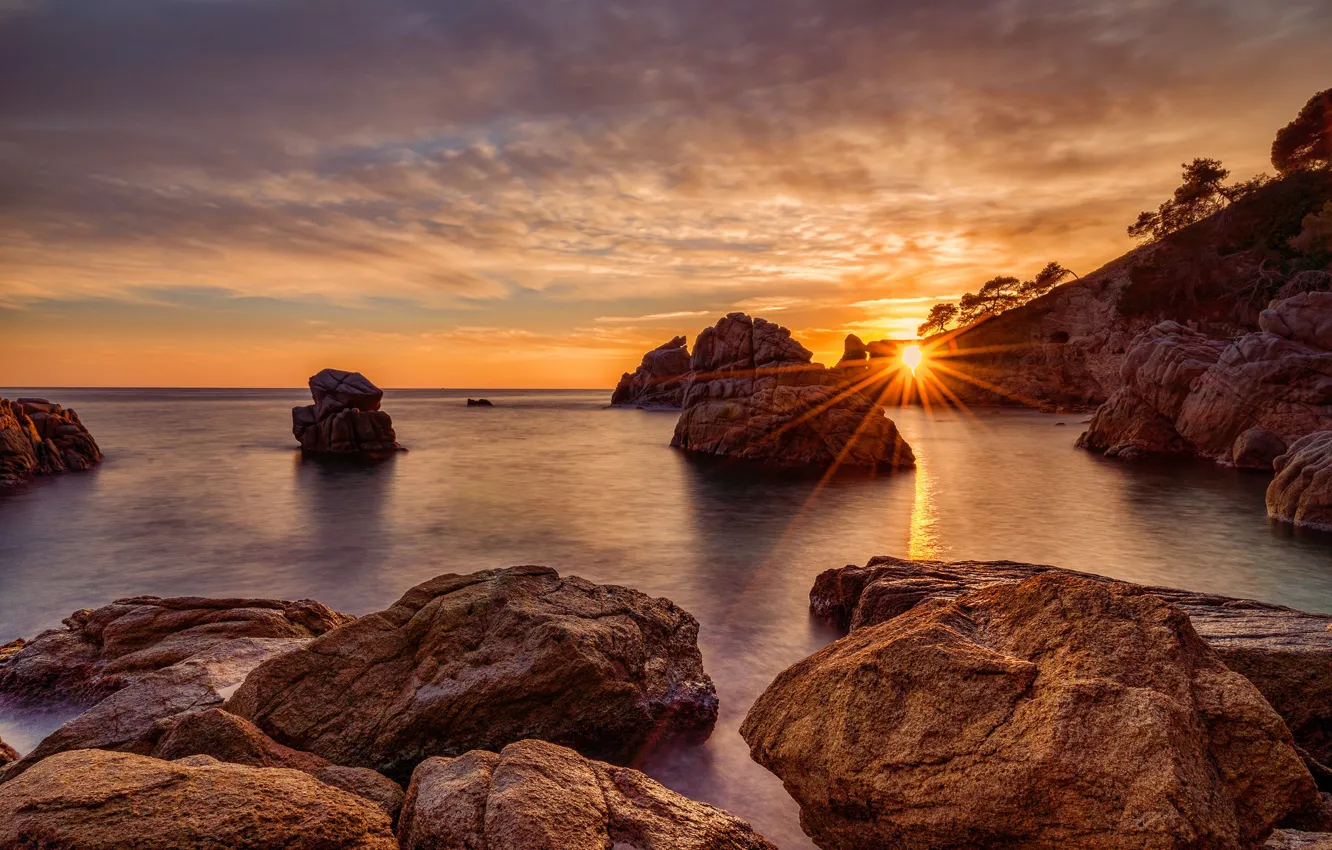 Photo wallpaper sea, sunset, rocks, coast