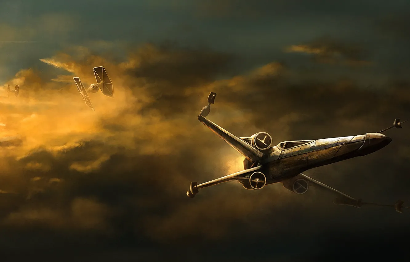 Photo wallpaper The sky, Figure, Star Wars, Battle, Art, Dogfight, Science Fiction, X-wing