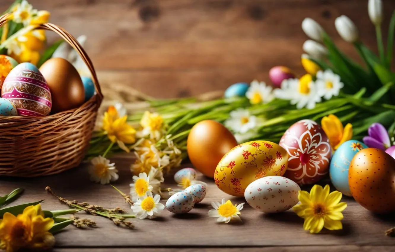 Photo wallpaper flowers, eggs, spring, colorful, Easter, flowers, spring, Easter