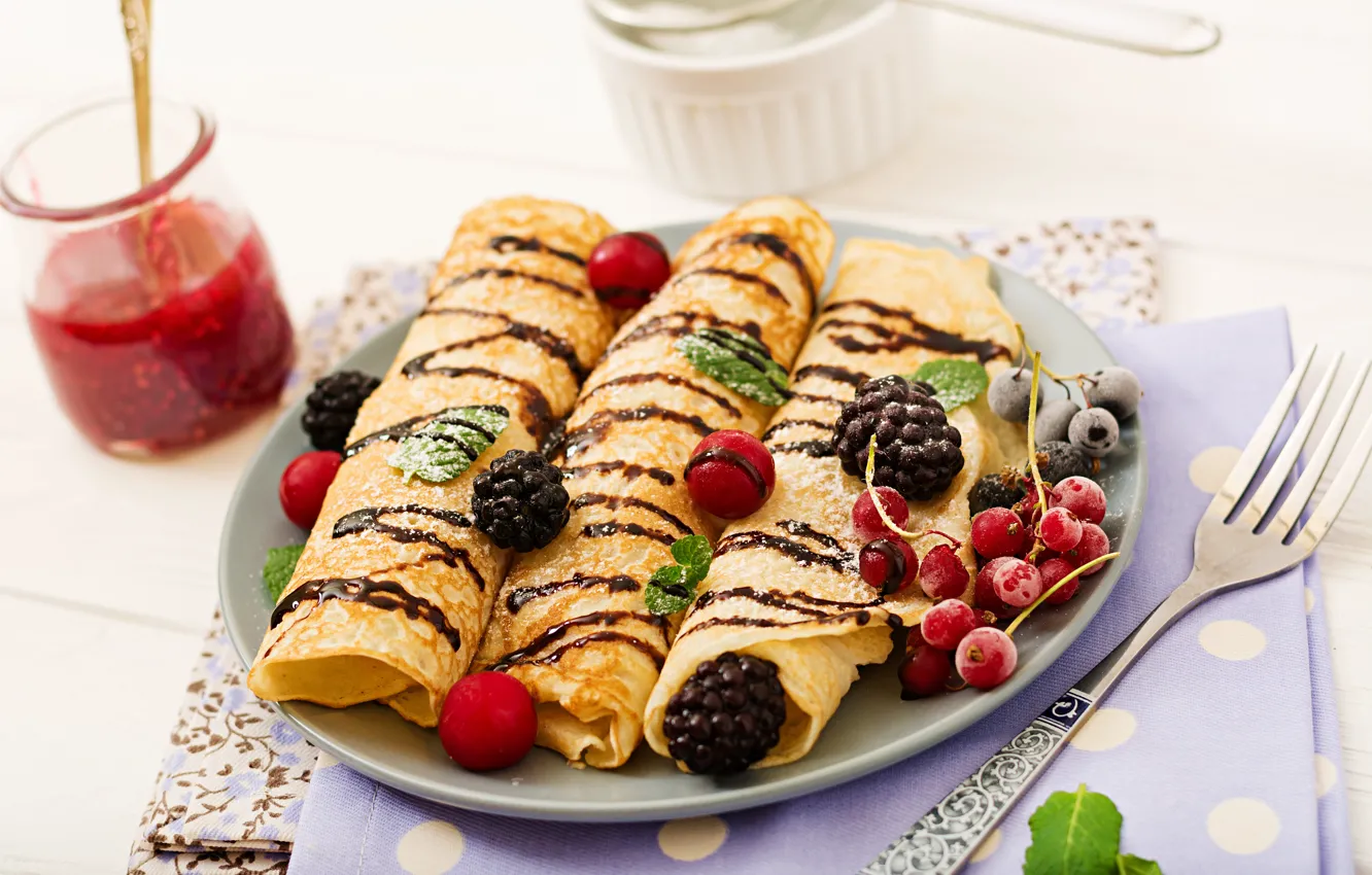 Photo wallpaper berries, chocolate, Breakfast, jam, powdered sugar, pancakes