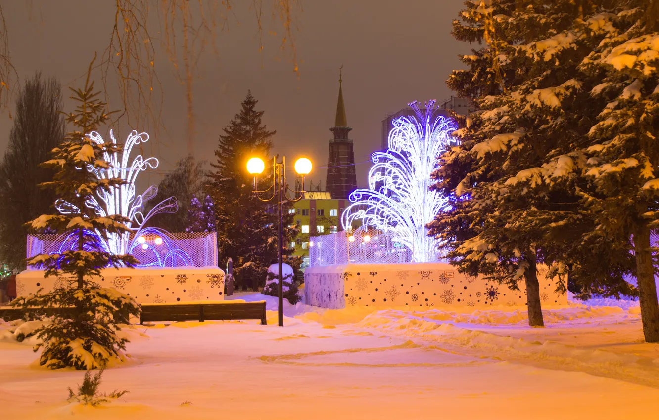 Photo wallpaper winter, the sky, snow, trees, the city, new year, the evening, lighting