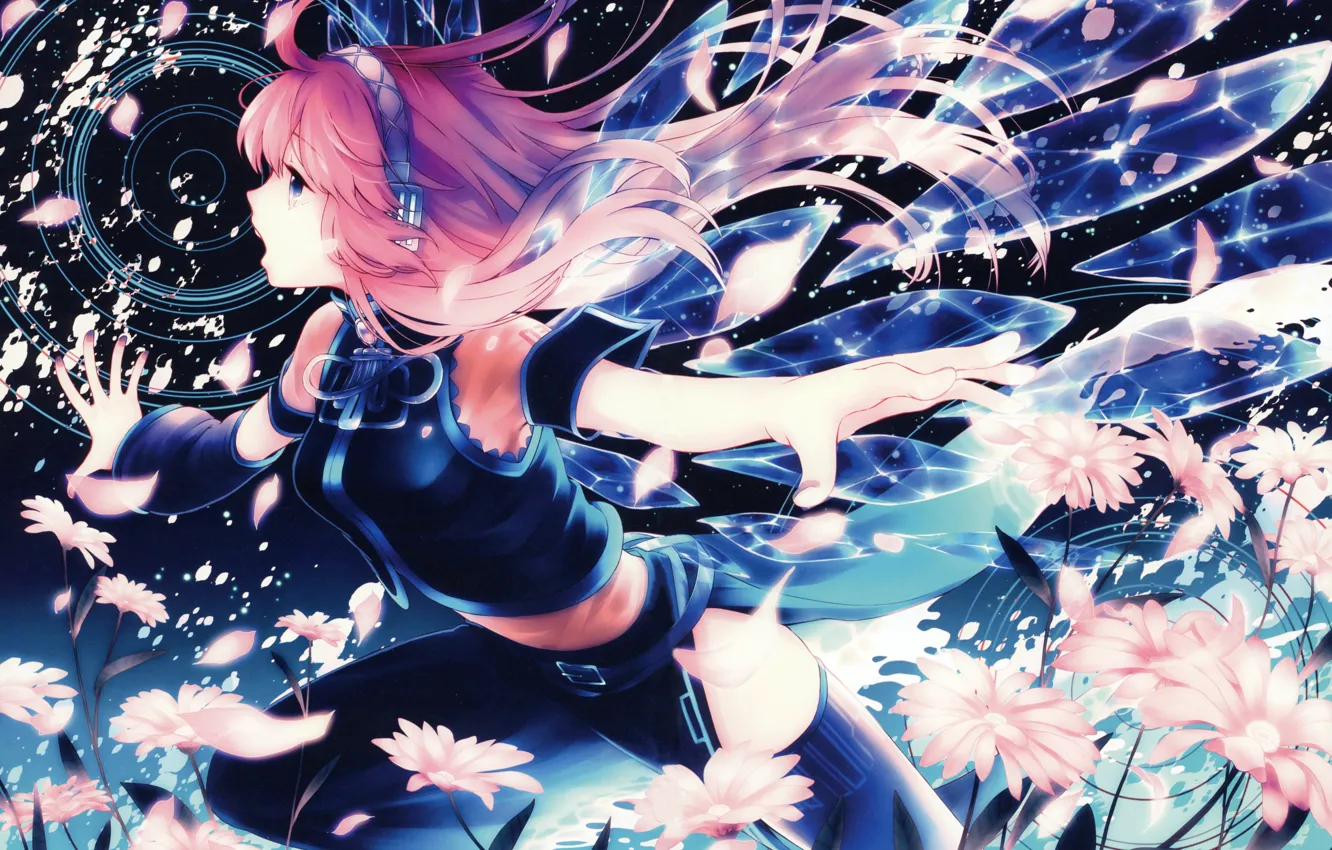 Photo wallpaper girl, flowers, wings, petals, headphones, art, vocaloid, megurine luka