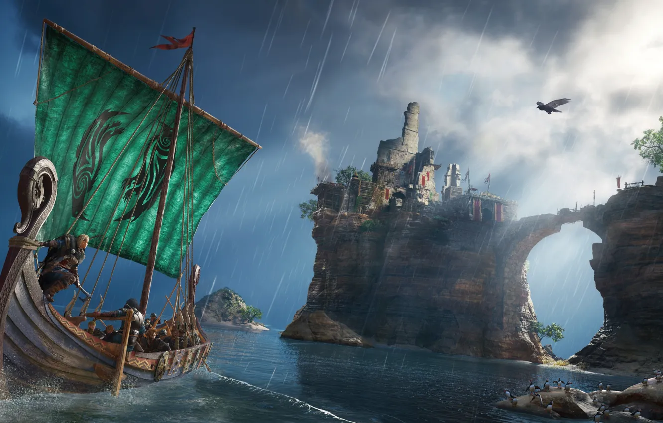 Photo wallpaper sea, rocks, sail, Assassin's Creed Valhalla, ship