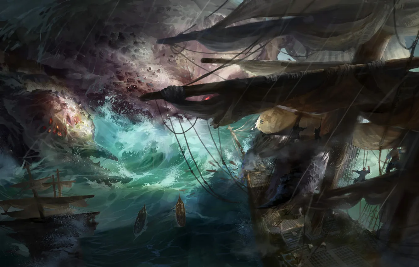 Photo wallpaper sea, storm, people, monster, ships, art