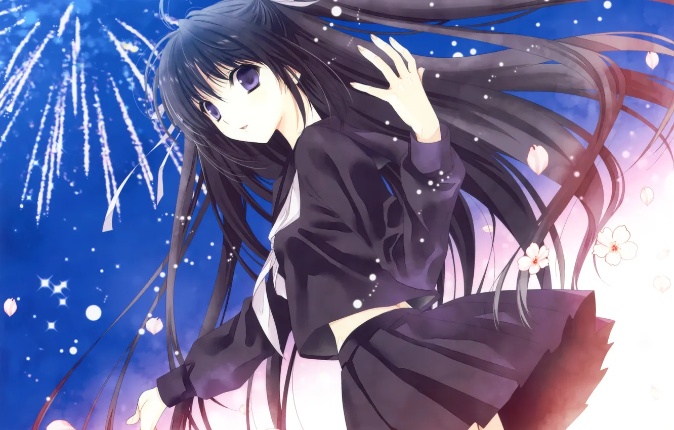 Photo wallpaper the sky, girl, clouds, anime, petals, Sakura, art, form