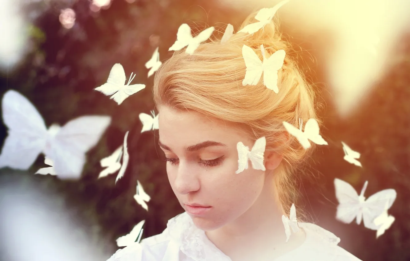 Photo wallpaper light, face, eyelashes, butterfly, hair, blonde