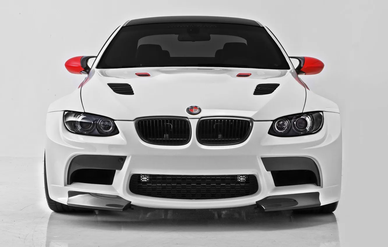 Photo wallpaper machine, white, background, lights, tuning, The hood, bumper, bmw 3