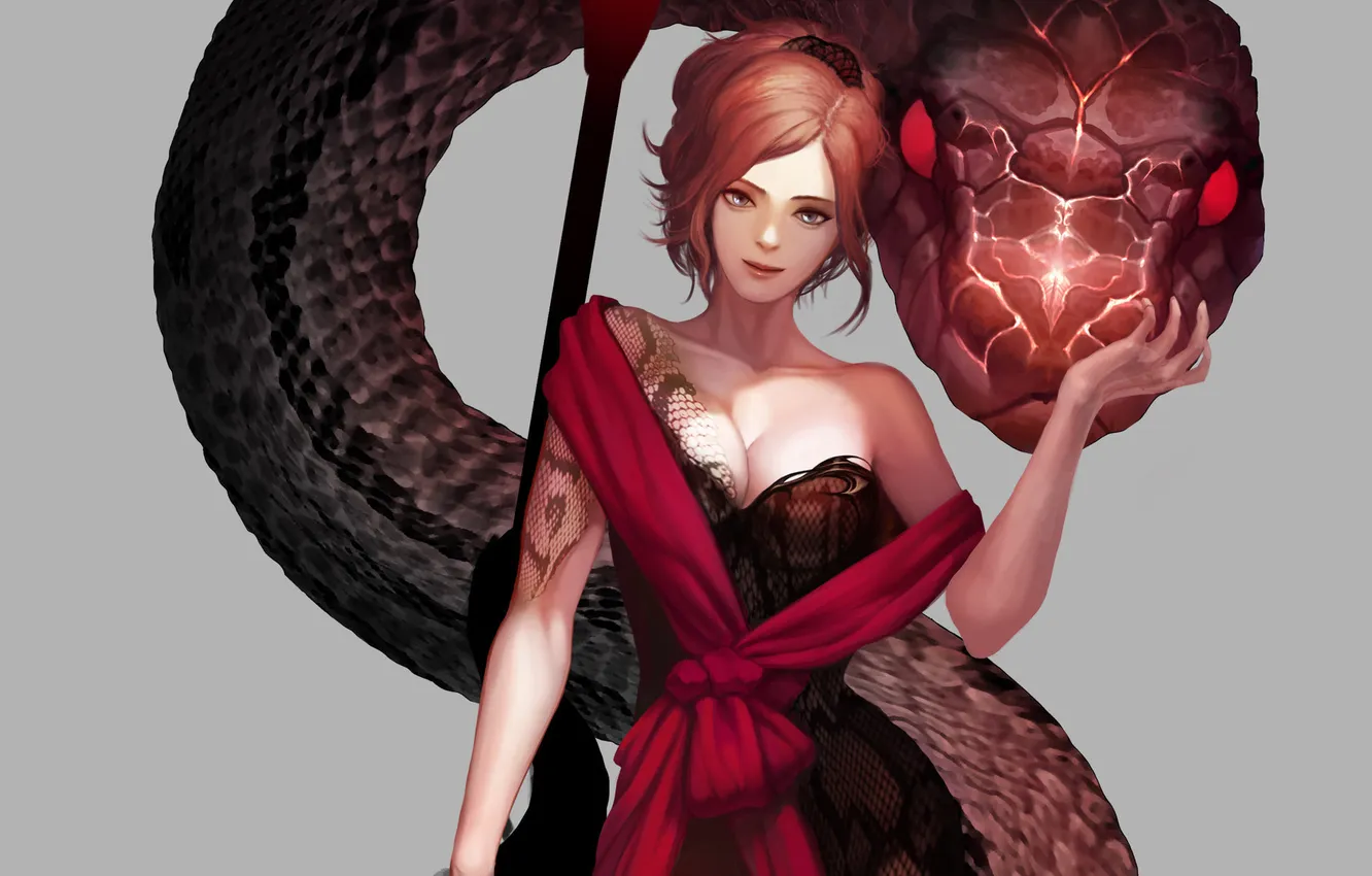 Photo wallpaper look, girl, fiction, snake, scales, art
